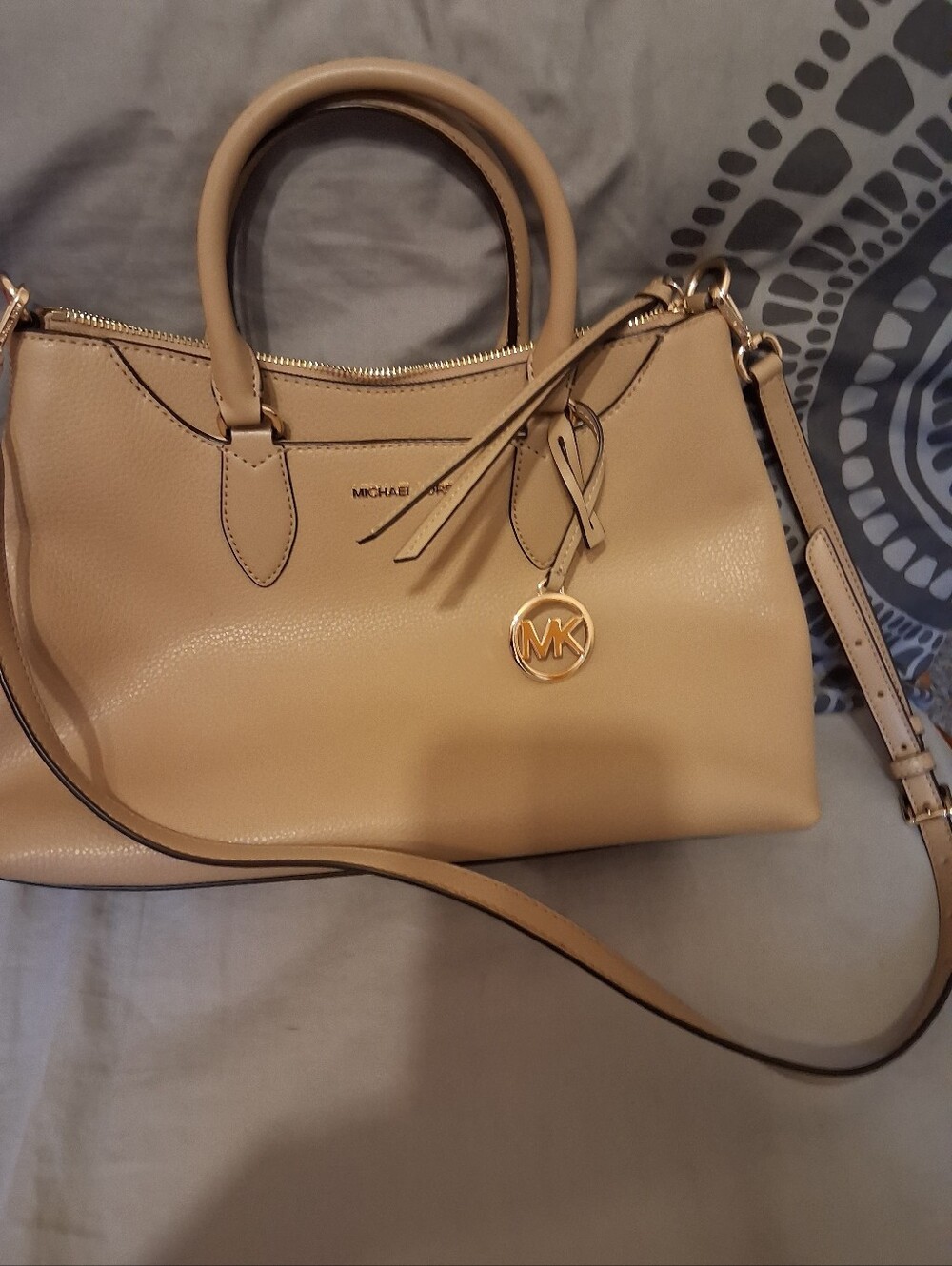 Michael Kors Tan Leather Satchel with Gold MK Charm